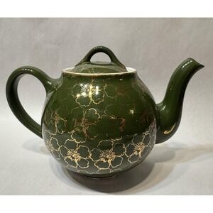 Vintage Hall China Green Gold Floral Teapot #041 5 Cup USA MCM